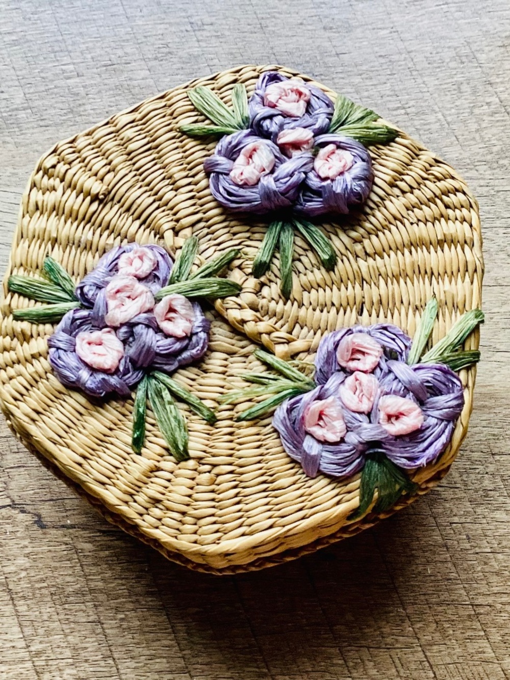 Vintage woven Lidded straw basket Floral Embroidery Small Container Decor Gift.